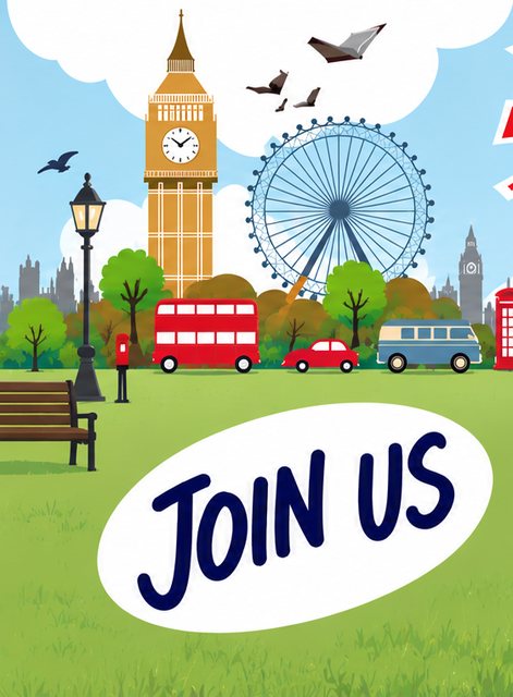 Banner d'English Corner amb estudiants i monuments de Londres